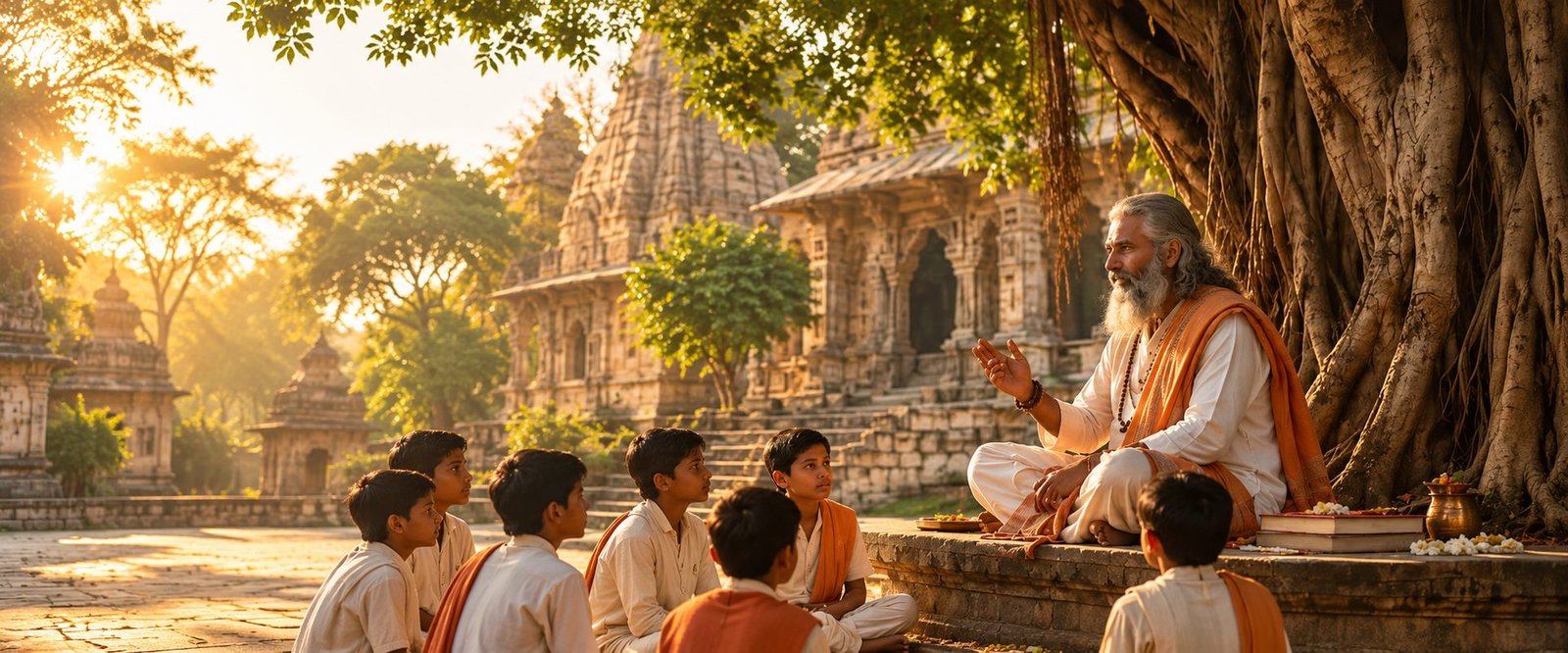 A teacher sharing wisdom with students under a banyan tree beside an ancient temple at sunrise